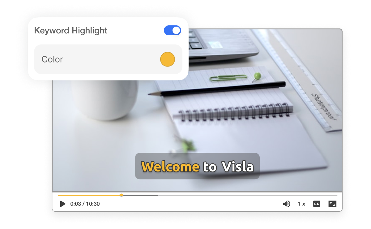 Add subtitle to video with Visla and highlight key words automatically using smart keyword detection.